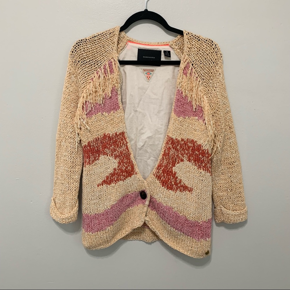 Maison Scotch Scotch and Soda Fringe Open Knit Single Button Cardigan Aztec
